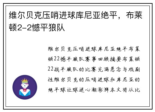 维尔贝克压哨进球库尼亚绝平，布莱顿2-2憾平狼队